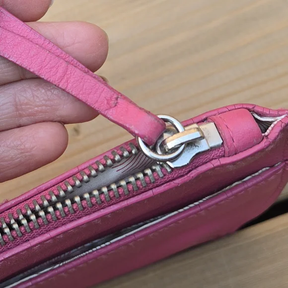 Pink Leather Wristlet w Unique Ring Strap, Front Pocket + Zipper Top - Picture 6 of 12